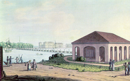 Вид от домика Петра I на Летний сад и Дворцовую набережную. 1820-е годы.