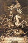 Карл XII в сражении под Нарвой. 19 ноября 1700 года. Гравюра. Начало XVIII века.
